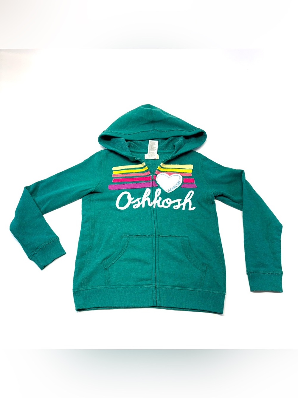 OshKosh B'gosh Teal Zip Hoodie with Rainbow Stripe Heart Girls Size 10